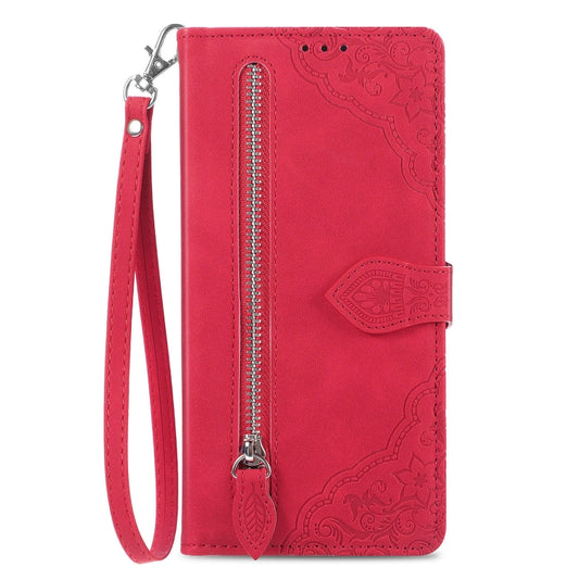For Xiaomi Redmi K70 Embossed Flower Zipper Leather Phone Case(Red) by buy2fix