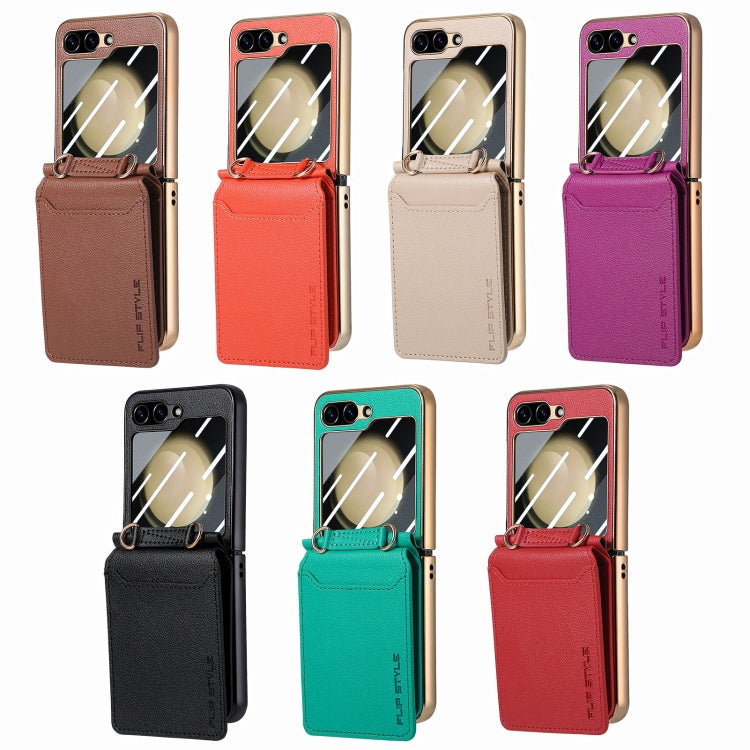 For Samsung Galaxy Z Flip5 5G Crossbody Electroplated Case-film Integrated Wallet Phone Case(Black) - Galaxy Z Flip5 Cases by buy2fix | Online Shopping UK | buy2fix