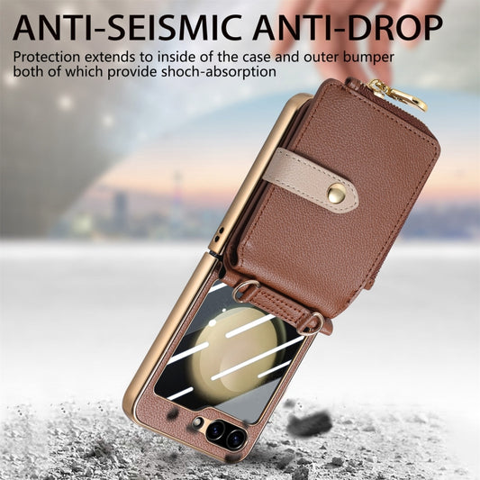 For Samsung Galaxy Z Flip5 5G Crossbody Litchi Electroplated Case-film Integrated Zipper Wallet Phone Case(Brown) - Galaxy Z Flip5 Cases by buy2fix | Online Shopping UK | buy2fix