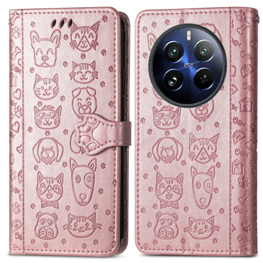 For Realme 12 Pro Cat and Dog Embossed Leather Phone Case(Rose Gold) by buy2fix