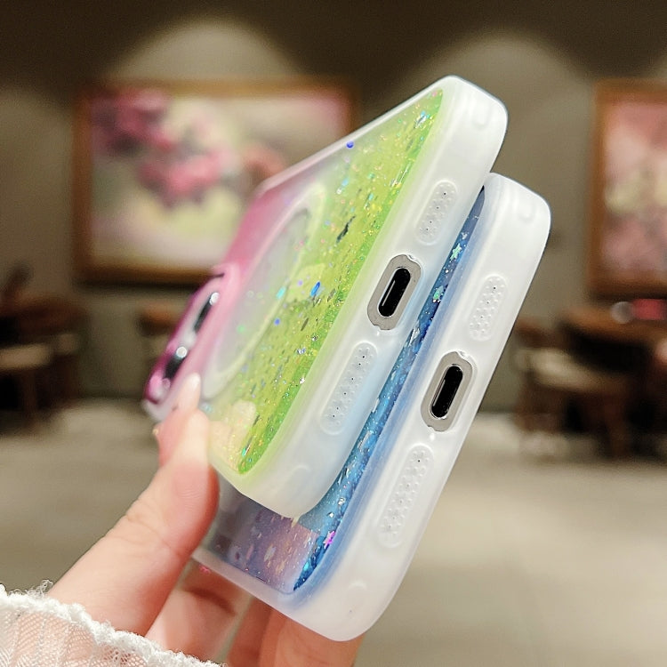 For iPhone 15 Multicolor Gradient Glitter Sequin MagSafe TPU Phone Case(Purple+Green) by buy2fix