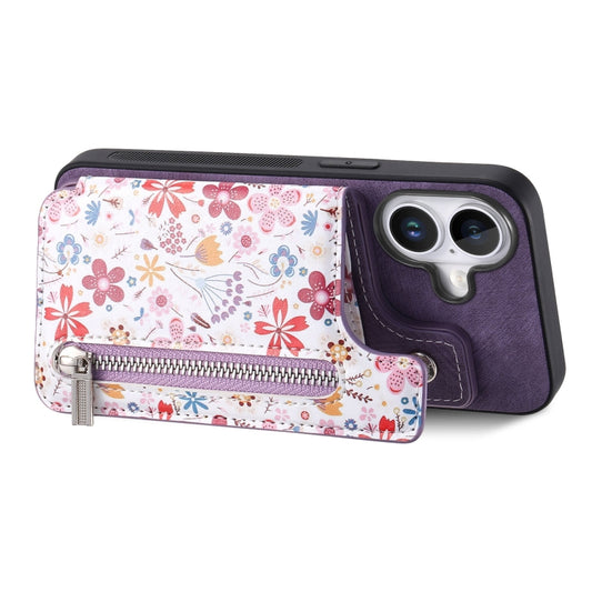 For iPhone 16 Retro Painted Zipper Wallet Back Phone Case(Purple) by buy2fix
