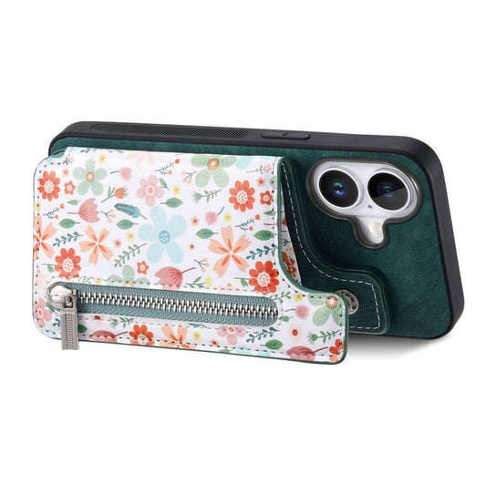 For iPhone 16 Plus Retro Painted Zipper Wallet Back Phone Case(Green) by buy2fix