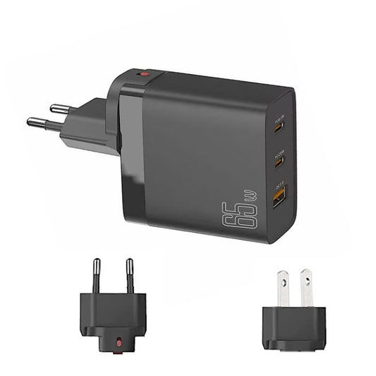 GAN 65W PD45W Dual Type-C / QC3.0 USB Multi Compatible Charger + 2m USB-C to USB-C Data Cable EU + US Plug Black by buy2fix
