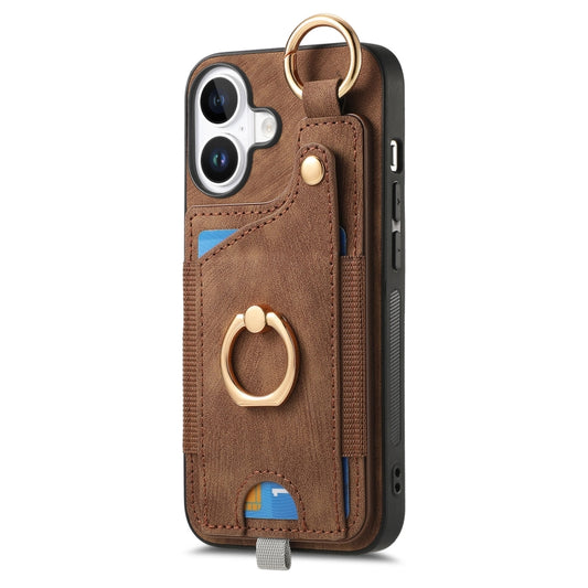 For iPhone 16 Retro Skin-feel Ring Card Bag Phone Case with Hang Loop(Brown) by buy2fix