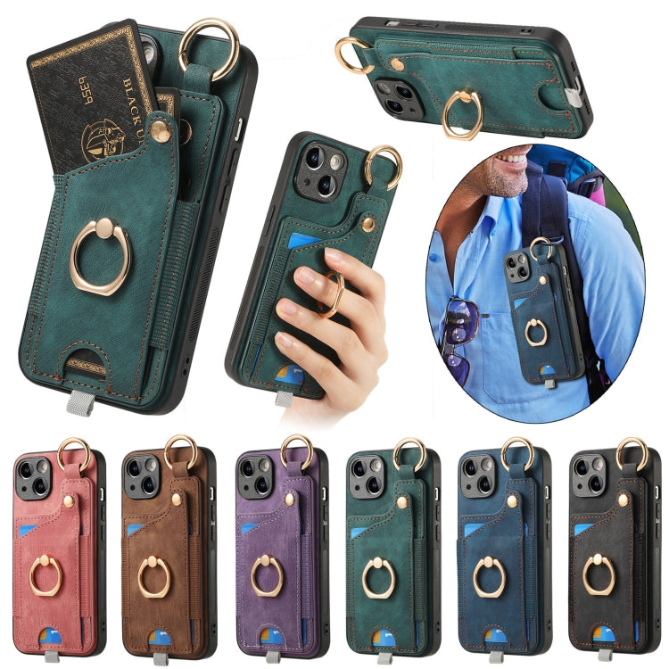 For iPhone 16 Retro Skin-feel Ring Card Bag Phone Case with Hang Loop(Brown) by buy2fix