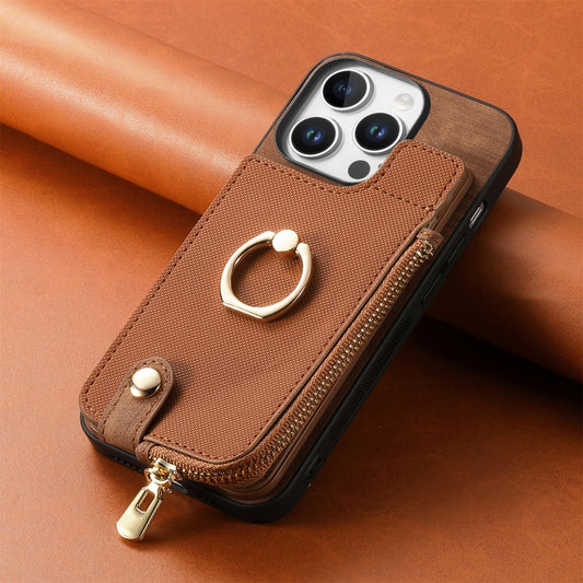 For iPhone 16 Pro Cross Leather Ring Vertical Zipper Wallet Back Phone Case(Brown) - More iPhone Cases by buy2fix | Online Shopping UK | buy2fix