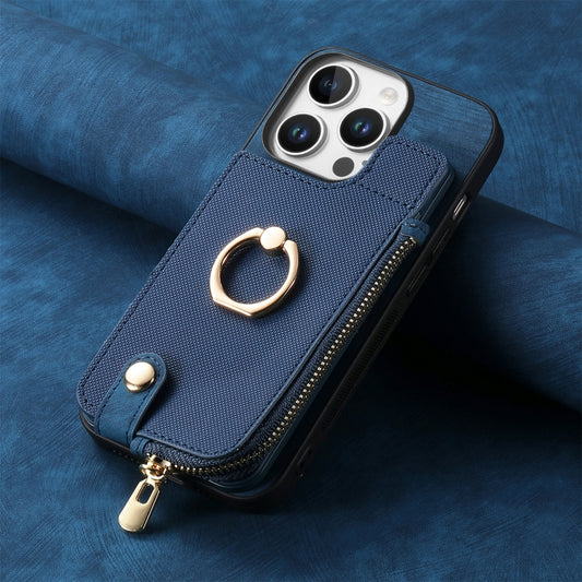 For iPhone 16 Pro Cross Leather Ring Vertical Zipper Wallet Back Phone Case(Blue) - More iPhone Cases by buy2fix | Online Shopping UK | buy2fix