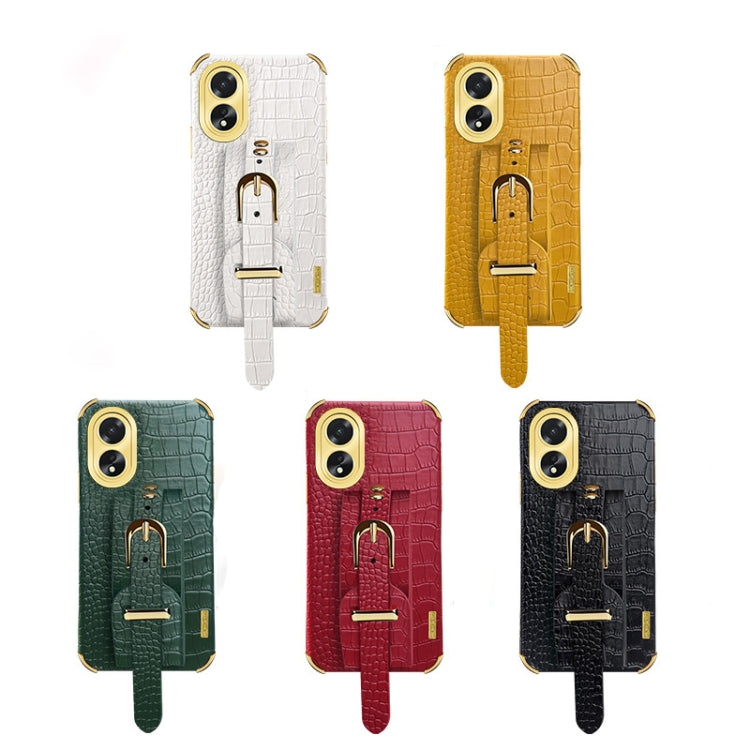 For OPPO A38 Electroplated Wrist Strap Crocodile Leather Back Phone Case(White) by buy2fix