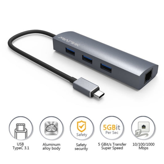 WAVLINK UH3031G/C Gigabit High Speed Hub Adapter Type-C to 3 x USB 3.0 + USB-C + RJ45 + DC Power Port by WAVLINK