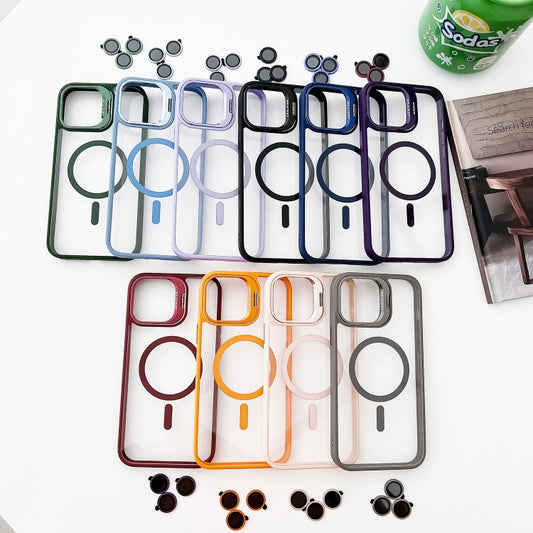 For iPhone 15 MagSafe Acrylic Hybrid TPU Holder Phone Case with Lens film(Deep Blue) by buy2fix