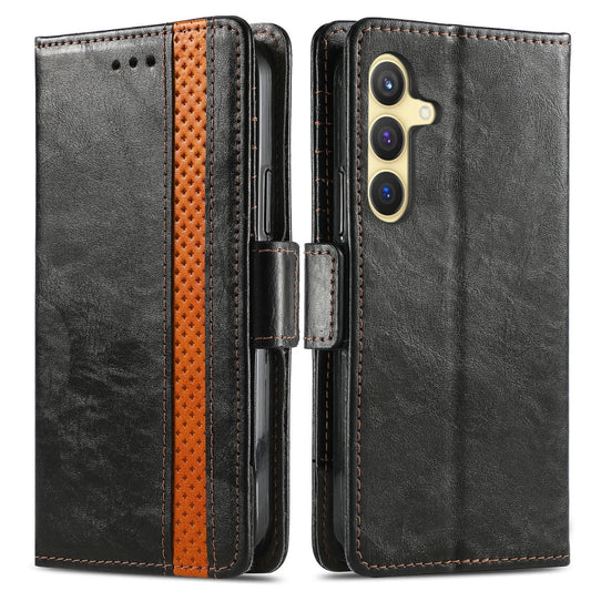 For Samsung Galaxy S25 5G CaseNeo Splicing Dual Magnetic Buckle Leather Phone Case(Black) by CaseNeo