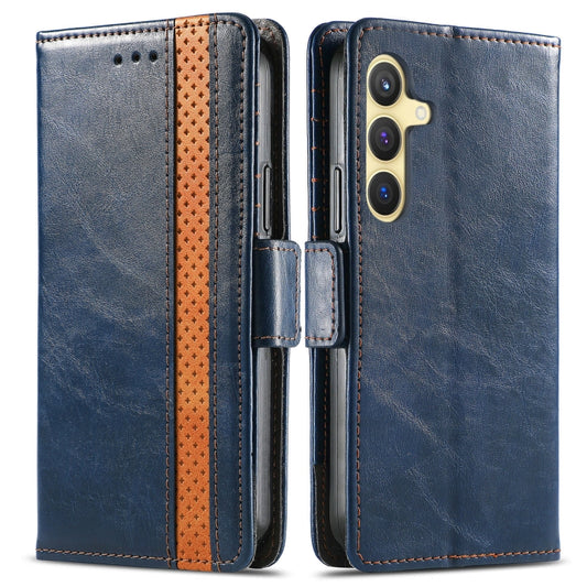 For Samsung Galaxy S25 5G CaseNeo Splicing Dual Magnetic Buckle Leather Phone Case(Blue) by CaseNeo