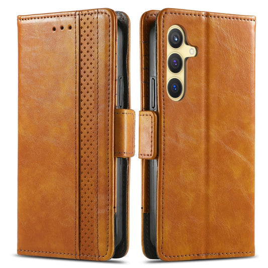 For Samsung Galaxy S25 5G CaseNeo Splicing Dual Magnetic Buckle Leather Phone Case(Khaki) by CaseNeo