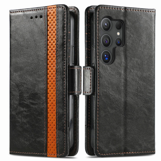 For Samsung Galaxy S25 Ultra 5G CaseNeo Splicing Dual Magnetic Buckle Leather Phone Case(Black) by CaseNeo