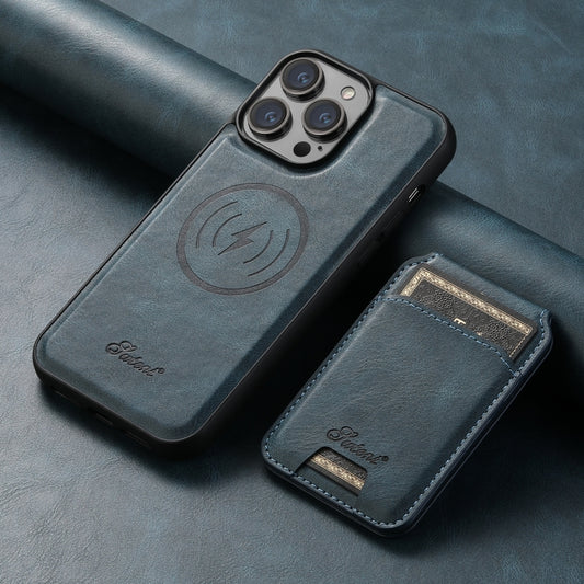 For iPhone 15 Suteni H15 MagSafe Oil Eax Leather Detachable Wallet Back Phone Case(Blue) by Suteni