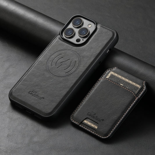 For iPhone 14 Plus Suteni H15 MagSafe Oil Eax Leather Detachable Wallet Back Phone Case(Black) by Suteni
