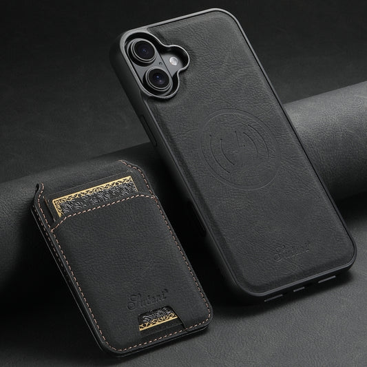 For iPhone 16 Plus Suteni H16 Litchi Texture Leather Detachable Wallet Back Phone Case(Black) by Suteni