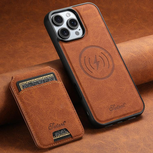 For iPhone 16e Suteni H16 Litchi Texture Leather Detachable Wallet Back Phone Case(Khaki) - iPhone 16e Cases by Suteni | Online Shopping UK | buy2fix