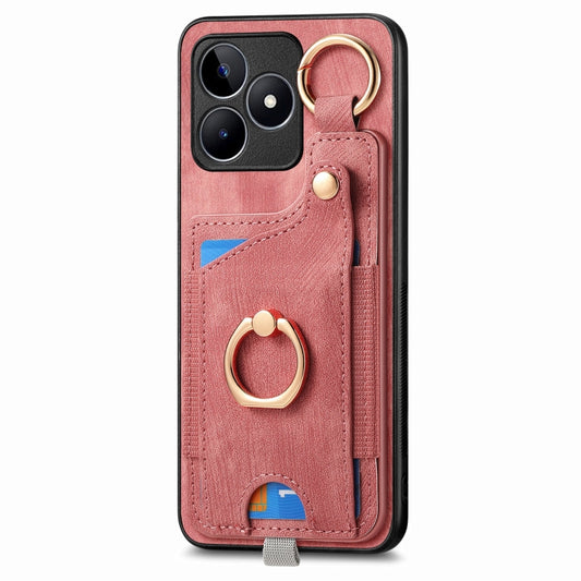 For Realme 10 Pro Retro Skin-feel Ring Card Bag Phone Case with Hang Loop(Pink) by buy2fix