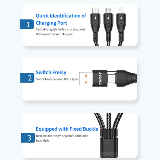 ENKAY 6-in-1 5A USB / Type-C to Type-C / 8 Pin / Micro USB Multifunction Fast Charging Cable, Cable Length:2m(Black) by ENKAY