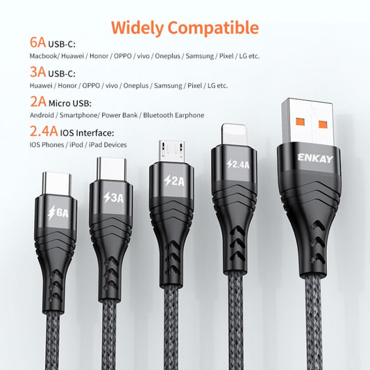 ENKAY 4-in-1 6A USB-A to Type-C / 8 Pin / Micro USB Multifunction Fast Charging Cable, Cable Length:2m(Grey) by ENKAY