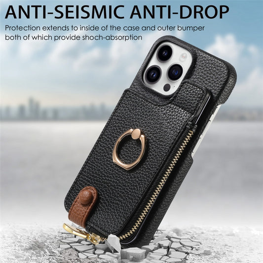 For iPhone 15 Pro Litchi Leather Oil Edge Ring Zipper Wallet Back Phone Case(Black) - iPhone 15 Pro Cases by buy2fix | Online Shopping UK | buy2fix