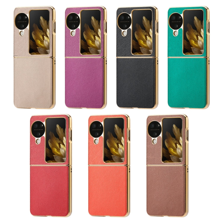 For OPPO Find N3 Flip Litchi Leather Electroplating Shockproof Phone Case(Khaki) by buy2fix