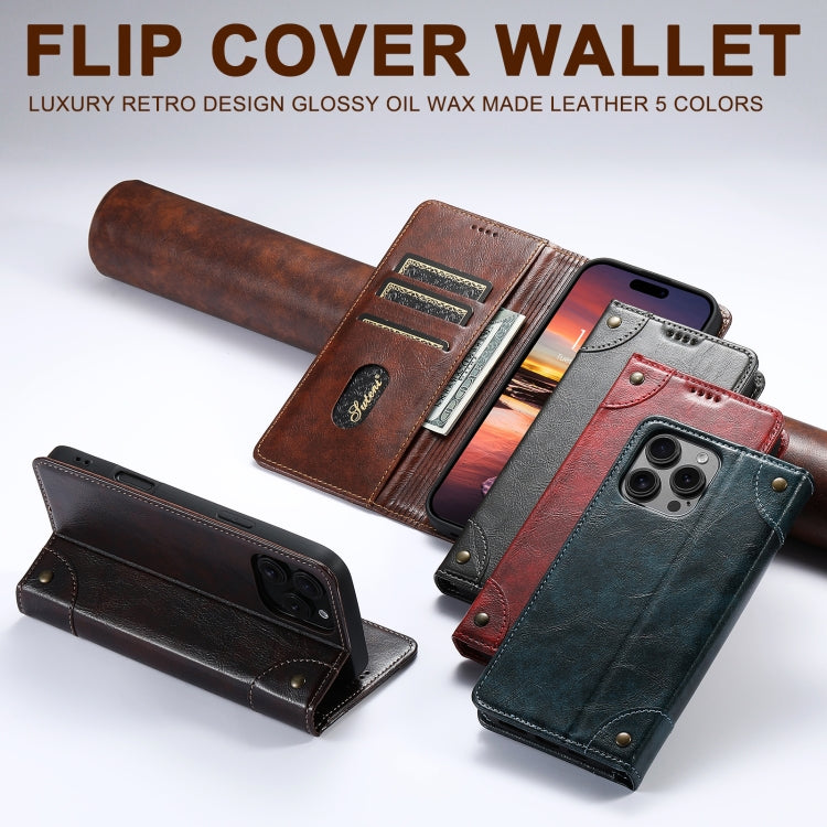 For iPhone 16 Suteni Baroque Calf Texture Buckle Wallet Leather Phone Case(Khaki) by Suteni