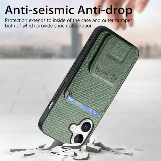 For iPhone 16 Plus Carbon Fiber Card Bag Fold Stand Phone Case(Green) by buy2fix