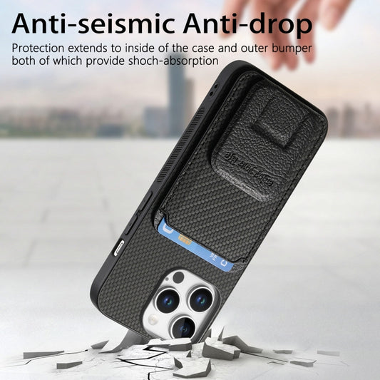 For iPhone 16 Pro Carbon Fiber Card Bag Fold Stand Phone Case(Black) by buy2fix