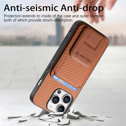 For iPhone 16 Pro Max Carbon Fiber Card Bag Fold Stand Phone Case(Brown) by buy2fix