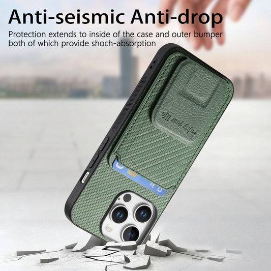 For iPhone 16 Pro Max Carbon Fiber Card Bag Fold Stand Phone Case(Green) by buy2fix