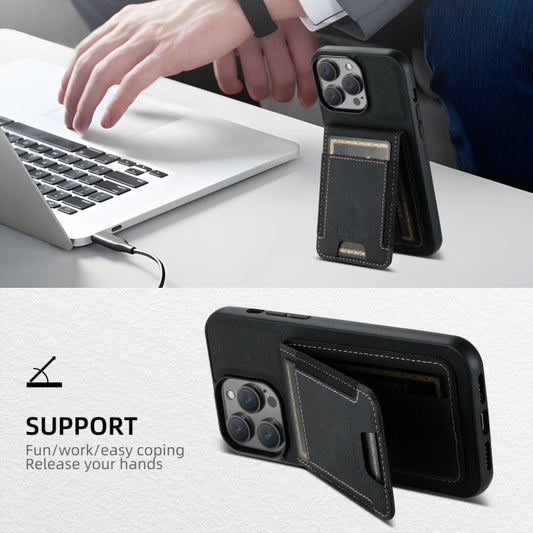 For iPhone 16 Suteni H03 Litchi Leather Card Bag Stand Back Phone Case(Black) by Suteni