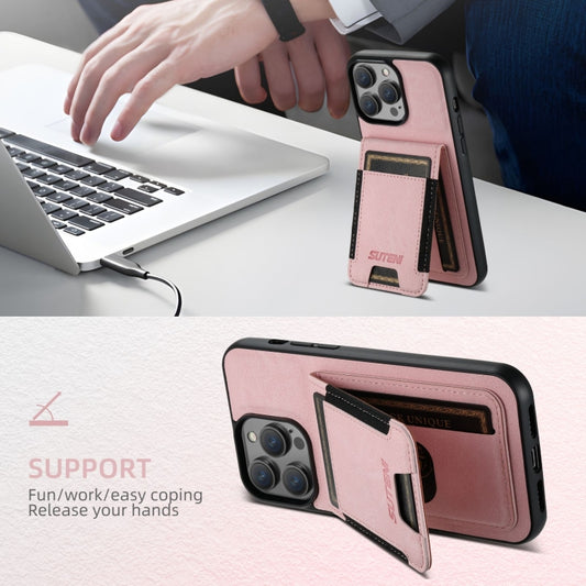 For iPhone 16 Pro Suteni H03 Litchi Leather Card Bag Stand Back Phone Case(Pink) by Suteni