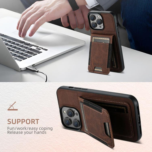 For iPhone 16e Suteni H03 Litchi Leather Card Bag Stand Back Phone Case(Brown) - iPhone 16e Cases by Suteni | Online Shopping UK | buy2fix
