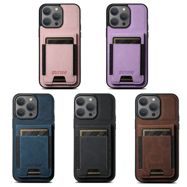 For iPhone 16 Pro Max Suteni H03 Litchi Leather Card Bag Stand Back Phone Case(Pink) by Suteni
