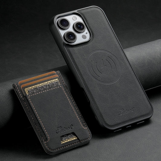 For iPhone 16 Pro Suteni H17 Litchi Texture Leather MagSafe Detachable Wallet Phone Case(Black) by Suteni
