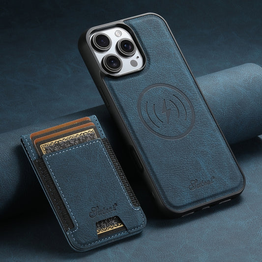 For iPhone 16 Pro Suteni H17 Litchi Texture Leather MagSafe Detachable Wallet Phone Case(Blue) by Suteni