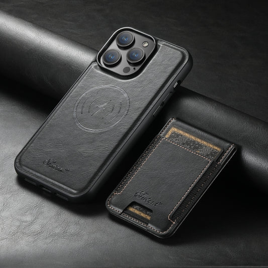 For iPhone 15 Plus Suteni H17 Oil Eax Leather MagSafe Detachable Wallet Phone Case(Black) by Suteni