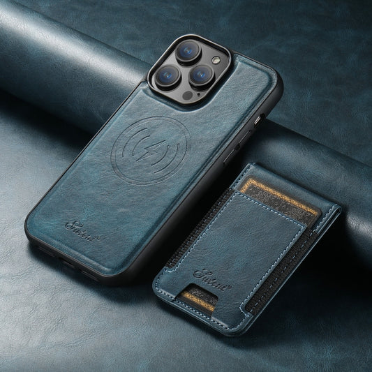 For iPhone 15 Suteni H17 Oil Eax Leather MagSafe Detachable Wallet Phone Case(Blue) by Suteni