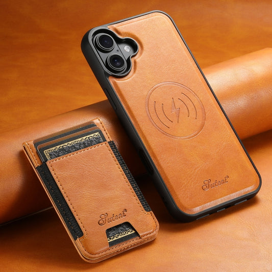 For iPhone 16 Plus Suteni H17 Oil Eax Leather MagSafe Detachable Wallet Phone Case(Khaki) by Suteni