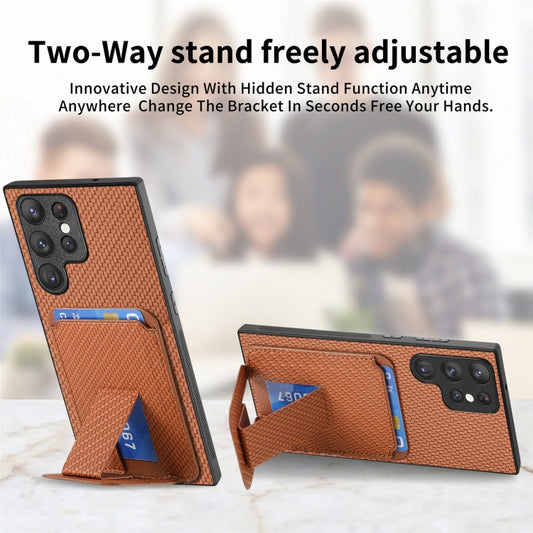 For Samsung Galaxy S22+ 5G Carbon Fiber Card Bag Fold Stand Phone Case(Brown) by buy2fix