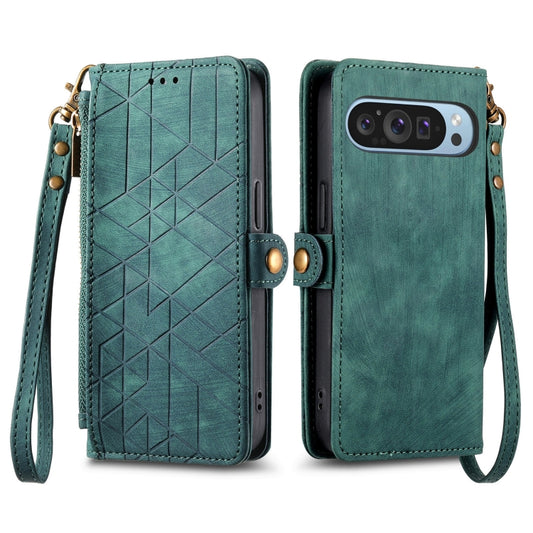 For Google Pixel 9 Geometric Zipper Wallet Side Buckle Leather Phone Case(Green) by buy2fix