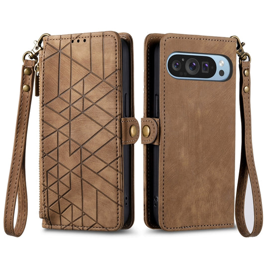 For Google Pixel 9 Geometric Zipper Wallet Side Buckle Leather Phone Case(Brown) by buy2fix