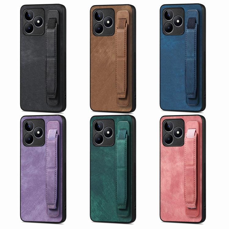 For Realme C53 Retro Wristband Holder Leather Back Phone Case(Black) by buy2fix