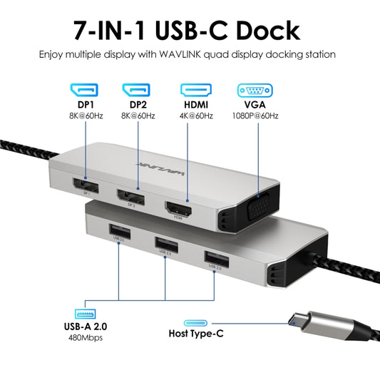 WAVLINK WL-UMD307 Type-C to 2DP + 4K HD + VGA + 3 x USB2.0 HUB Docking Station by WAVLINK