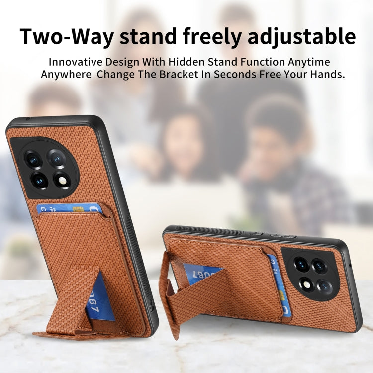 For OnePlus 12 5G Carbon Fiber Card Bag Fold Stand Phone Case(Brown) by buy2fix