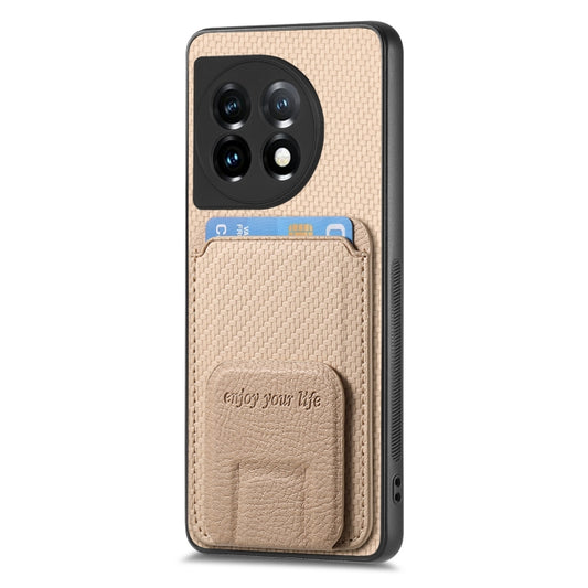 For OnePlus 12 5G Carbon Fiber Card Bag Fold Stand Phone Case(Khaki) by buy2fix