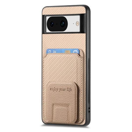 For Google Pixel 6 Pro Carbon Fiber Card Bag Fold Stand Phone Case(Khaki) by buy2fix